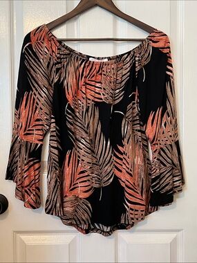 Lascana for Venus Off-Shoulder Black Blouse with Coral and Taupe Leaf Print